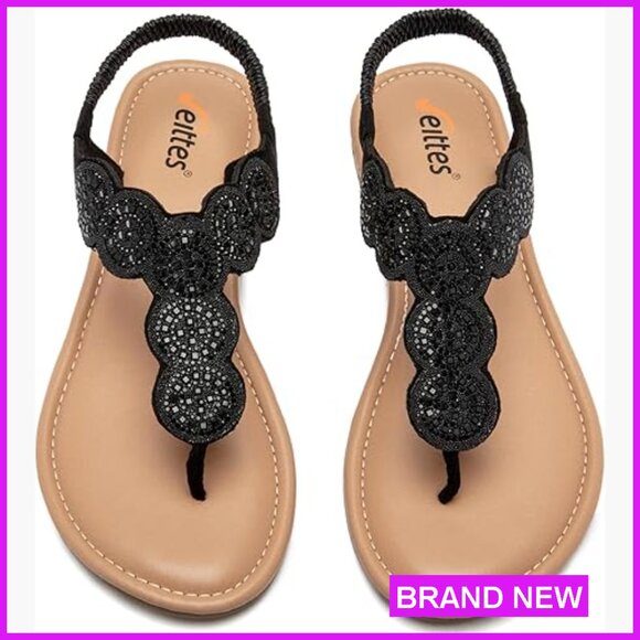 Boho Rhinestone Flat Sandals Lightweight Comfortable Ankle Strap Summer Casual
